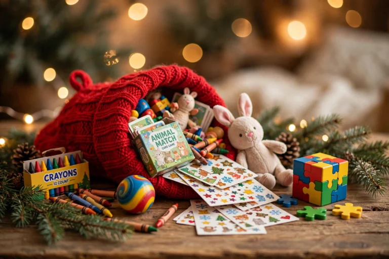 Christmas stocking overflowing with small toys for kids