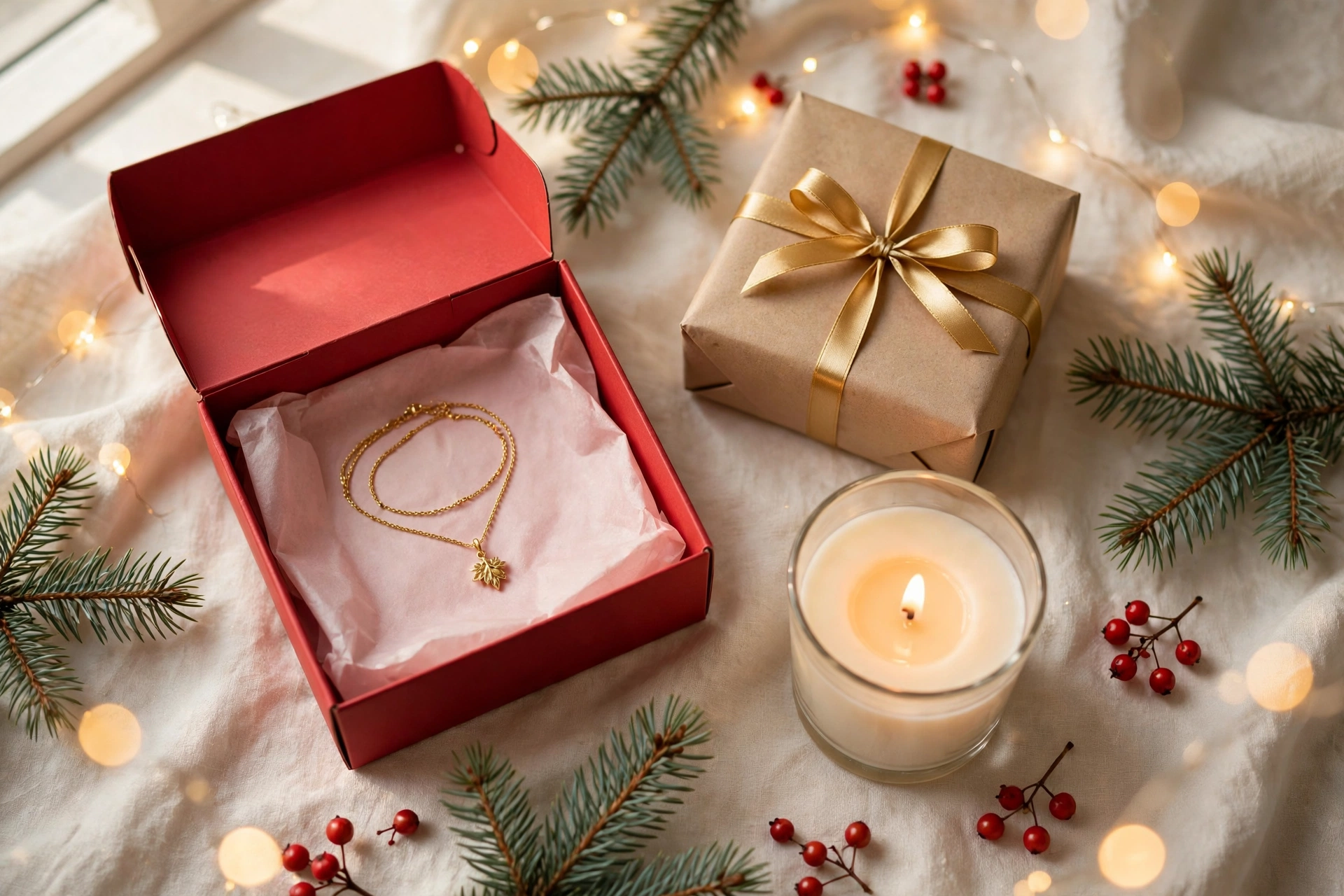 Christmas flat-lay: gold necklace in a red gift box, wrapped presents, lit candle, pine, berries and fairy lights