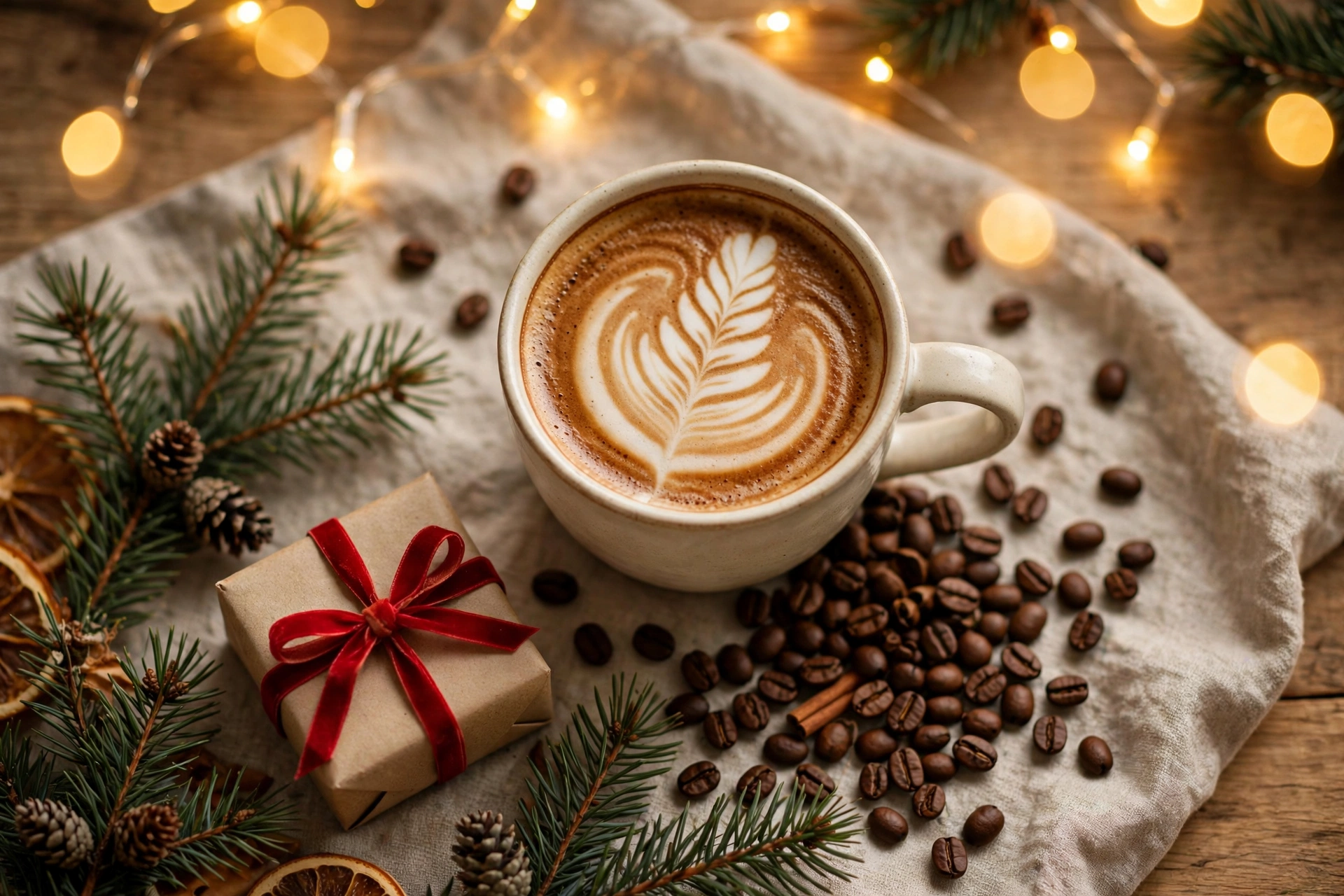 Christmas coffee gift flat-lay with latte art mug, gift box, and coffee beans