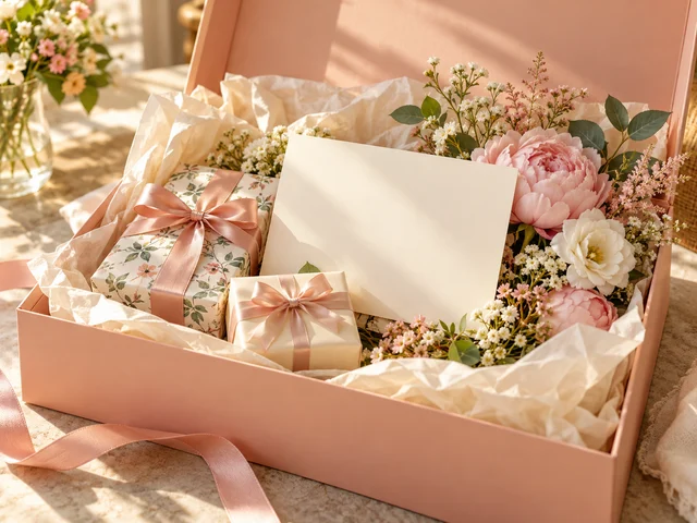 A peach gift box, blank card and flowers.