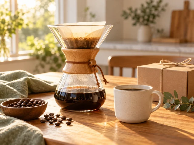 A coffee brewer and plain ceramic cup on a sunlit table.