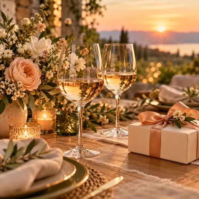 Two glasses beside a gift box at a sunset table.