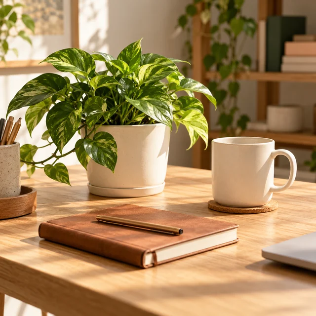 A small potted plant beside a notebook and mug.