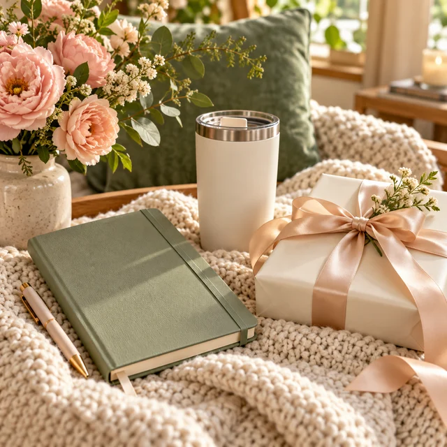 Notebook, reusable cup and a wrapped gift on a cozy throw.