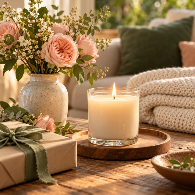Candle, flowers and a knitted throw for thoughtful gifts for her.