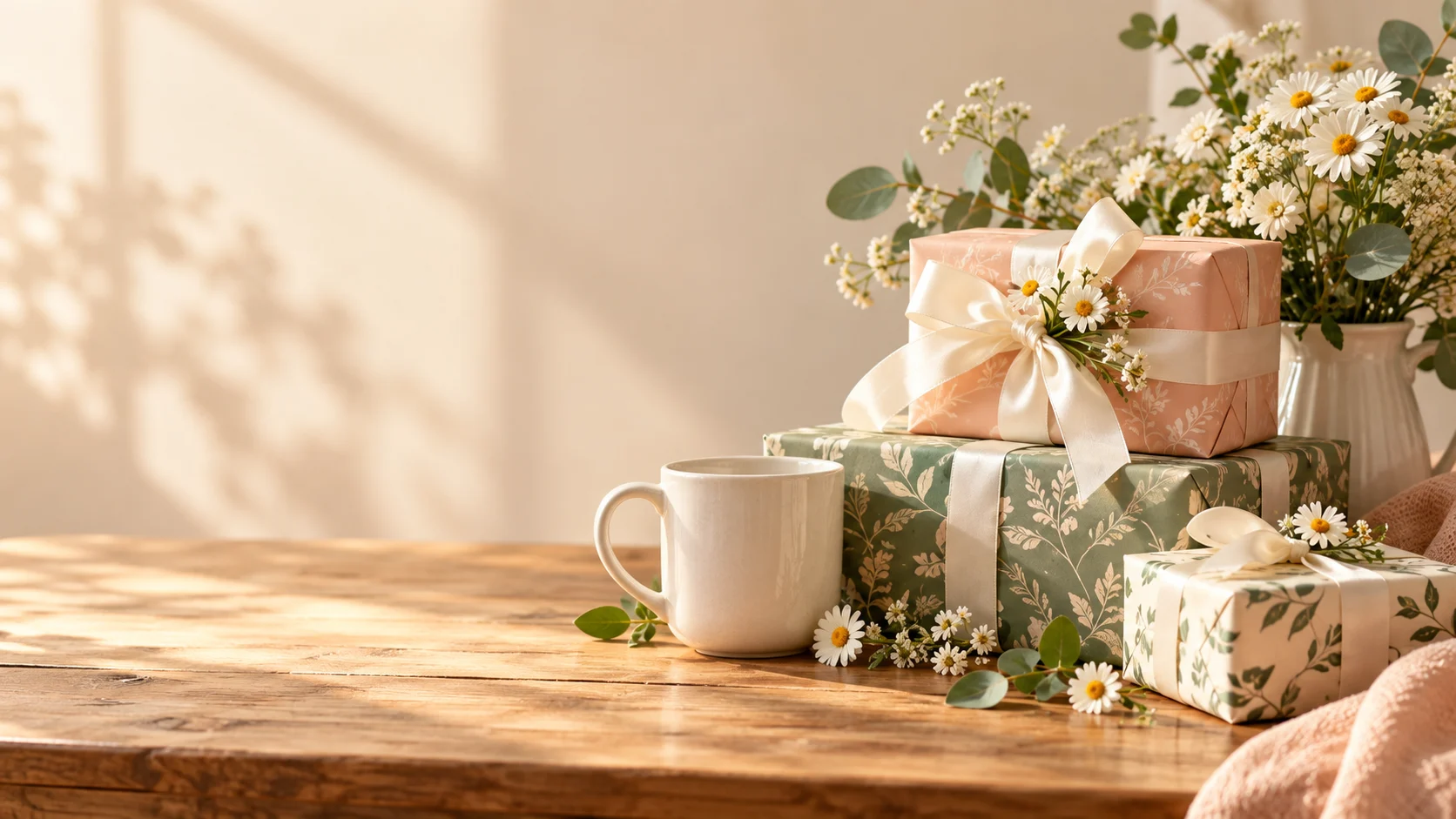 Cream, sage and peach wrapped presents beside a ceramic mug and daisies.