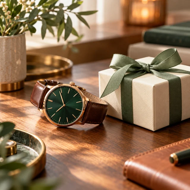 Green dial watch with a leather strap on a wooden desk.