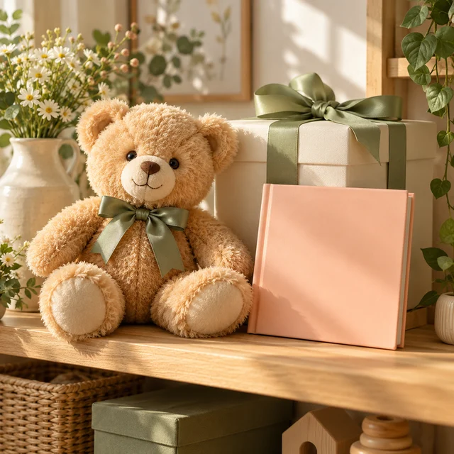 A soft teddy bear beside a pastel picture book.