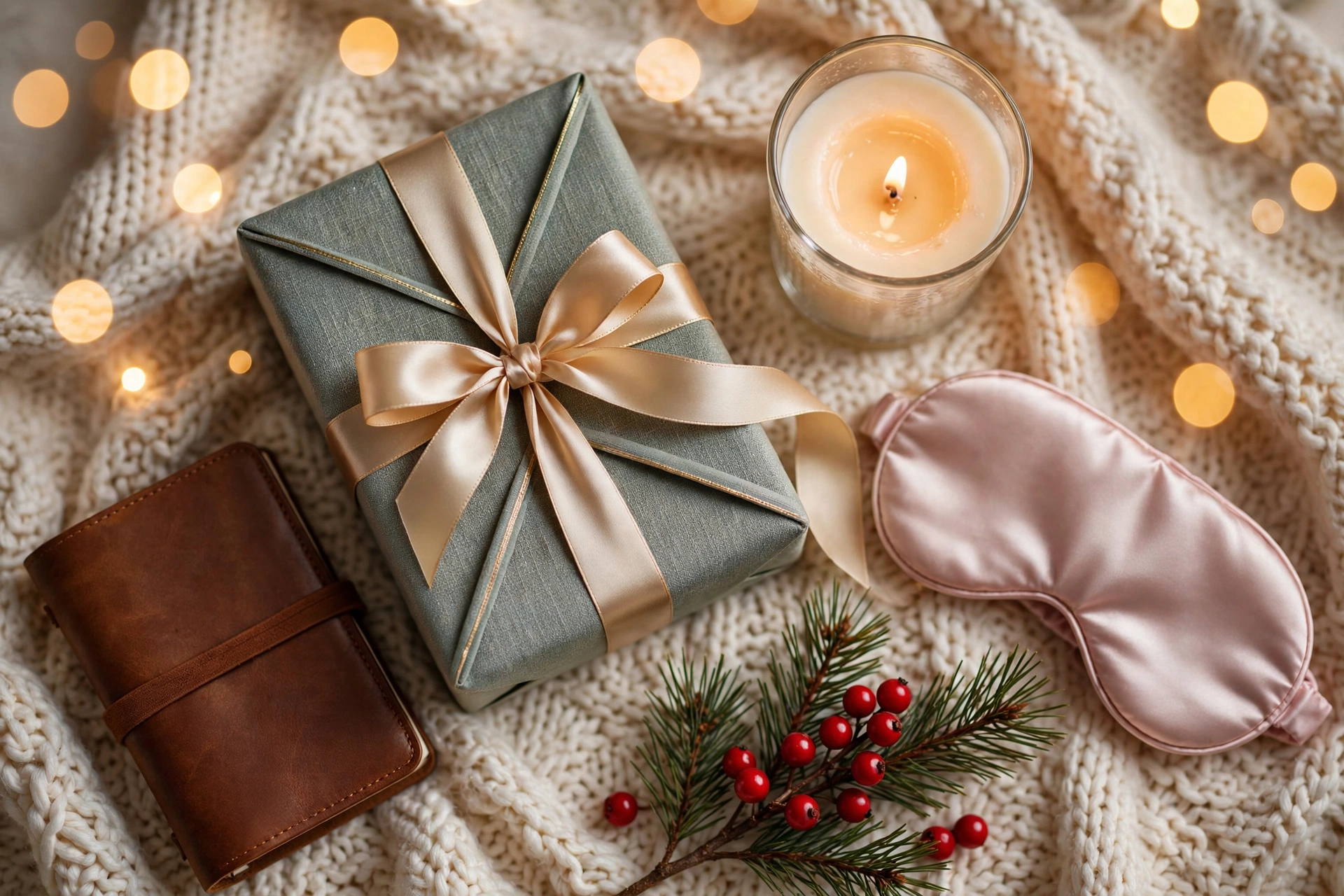 Christmas gift flat-lay for wife: wrapped gifts, candle, satin sleep mask and journal