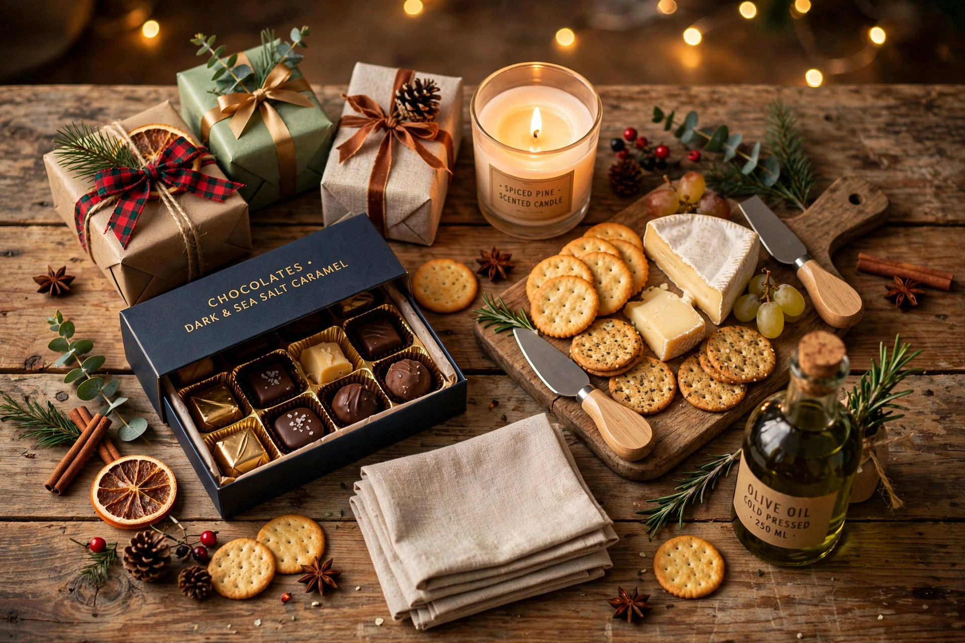 Festive Christmas hostess gifts on a rustic table with candles, chocolates and a cheese board