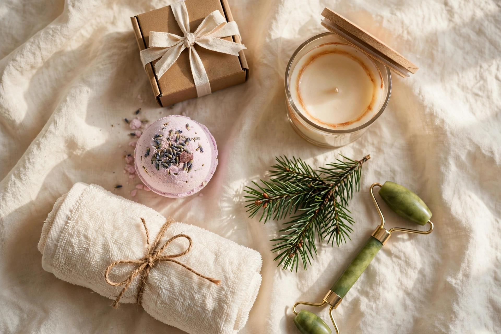 Warm flat-lay of self-care Christmas gifts: spa box, candle, bath bomb, and jade roller