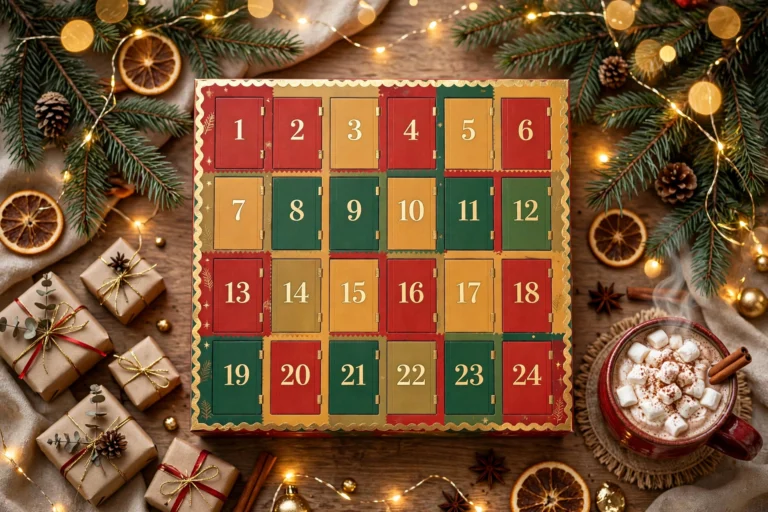 A festive advent calendar with numbered doors surrounded by pine branches, fairy lights, gifts, and hot cocoa