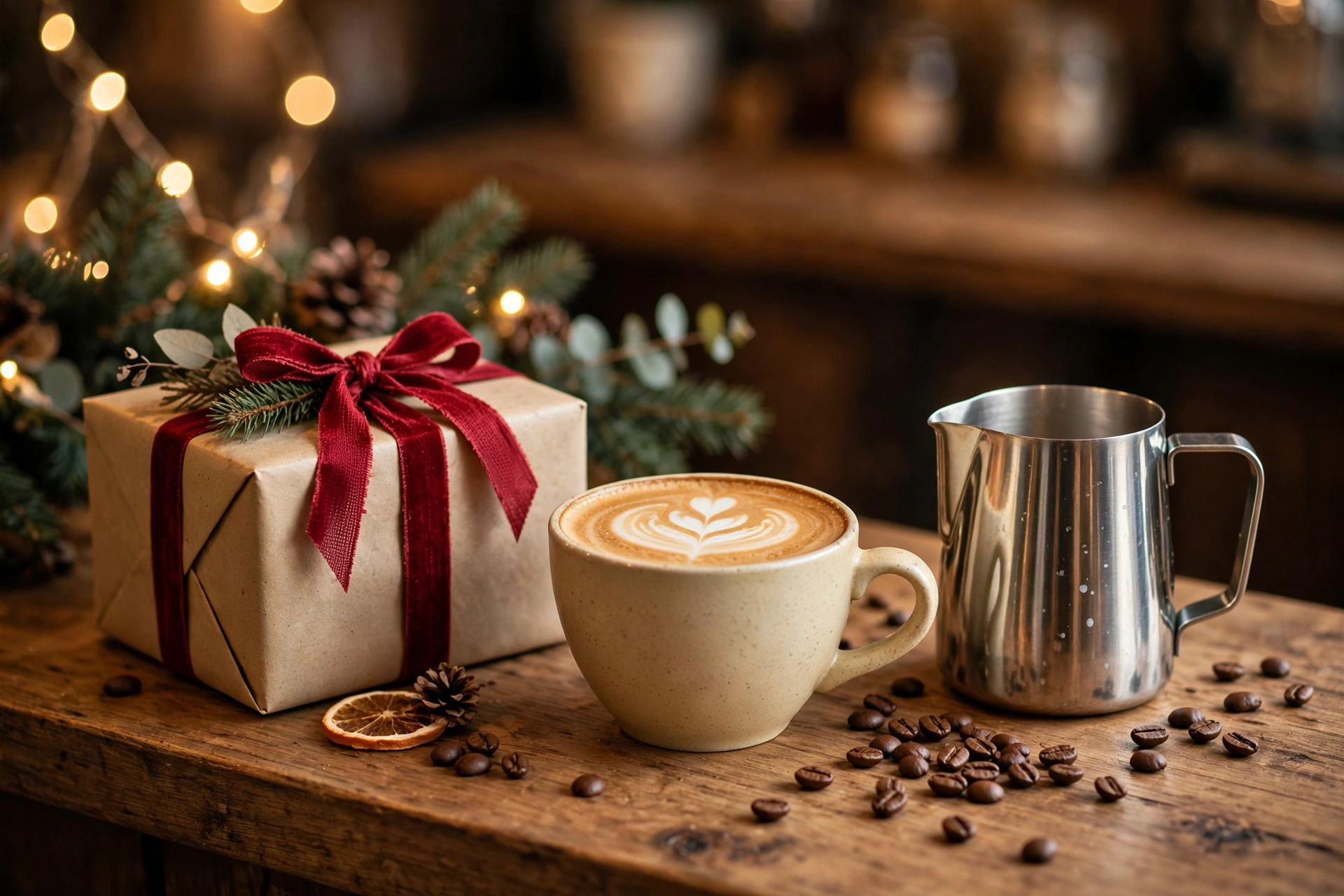 Christmas gifts for baristas: espresso cup, milk pitcher and wrapped gift on a café counter