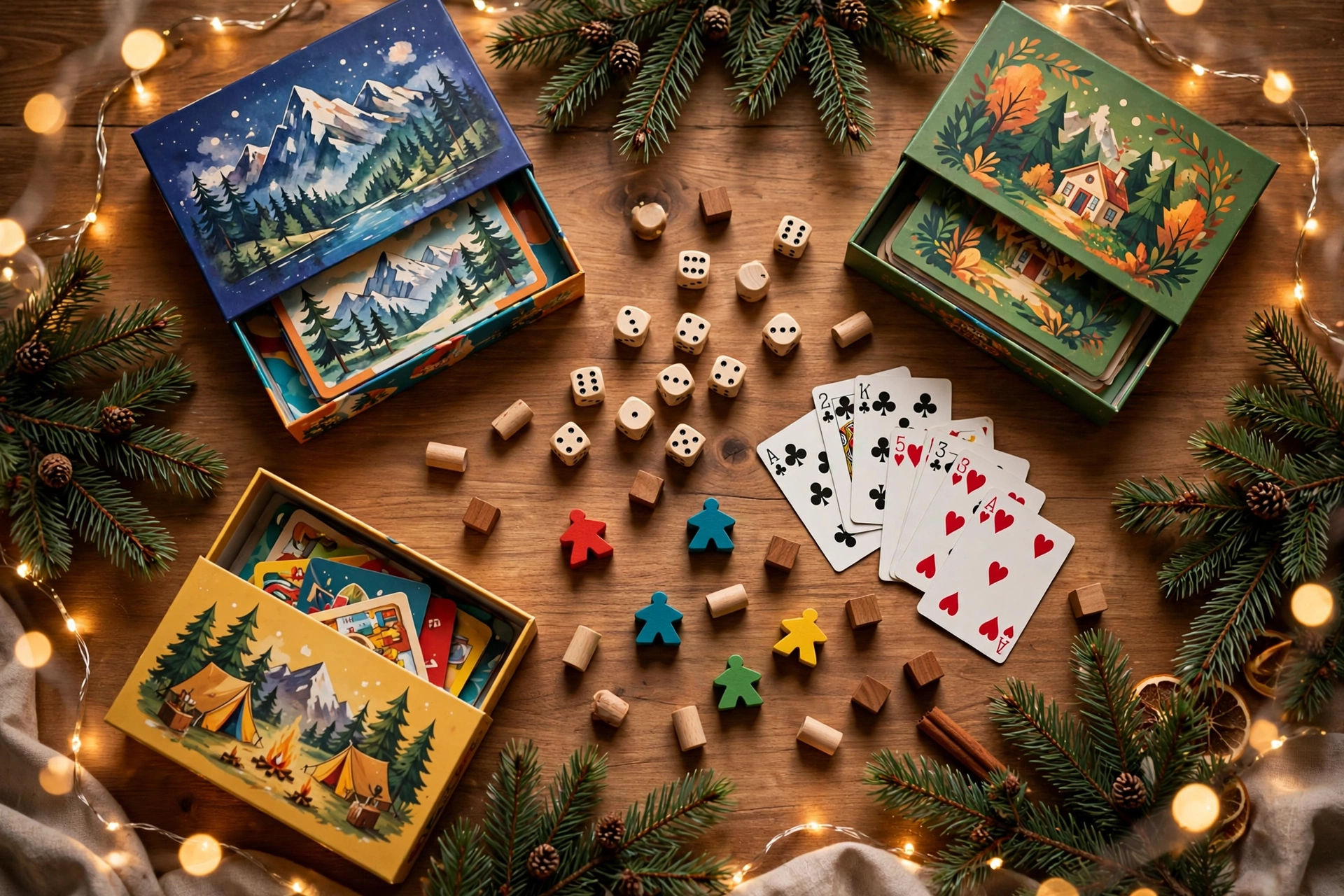 Cozy Christmas flat-lay of board games, dice, cards and meeples on a wooden table with fairy lights