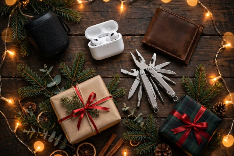Christmas gifts for boyfriend flat lay: speaker, earbuds, wallet and festive lights