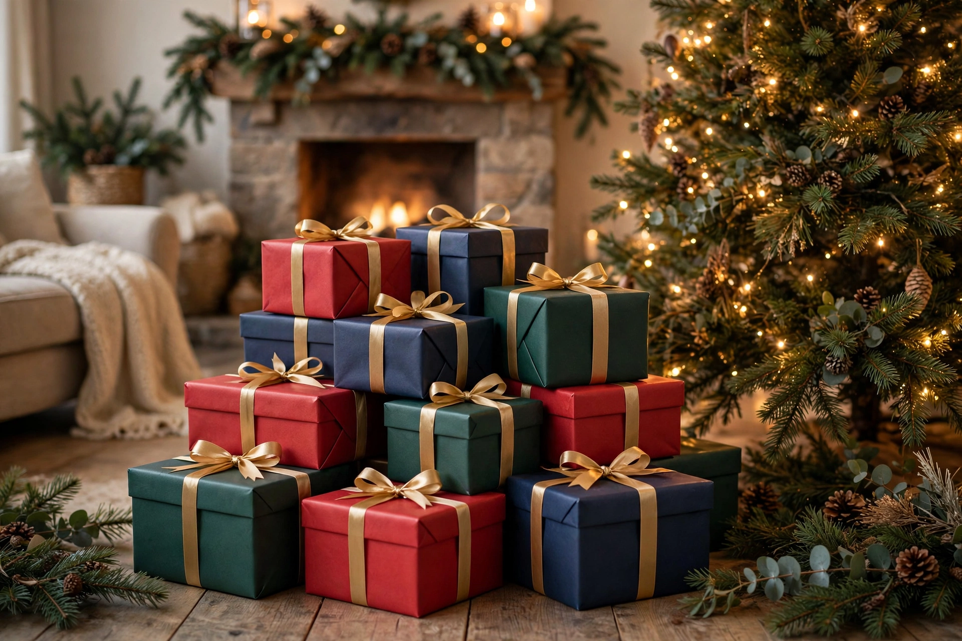 Stacked Christmas gift boxes near a Christmas tree with warm lights
