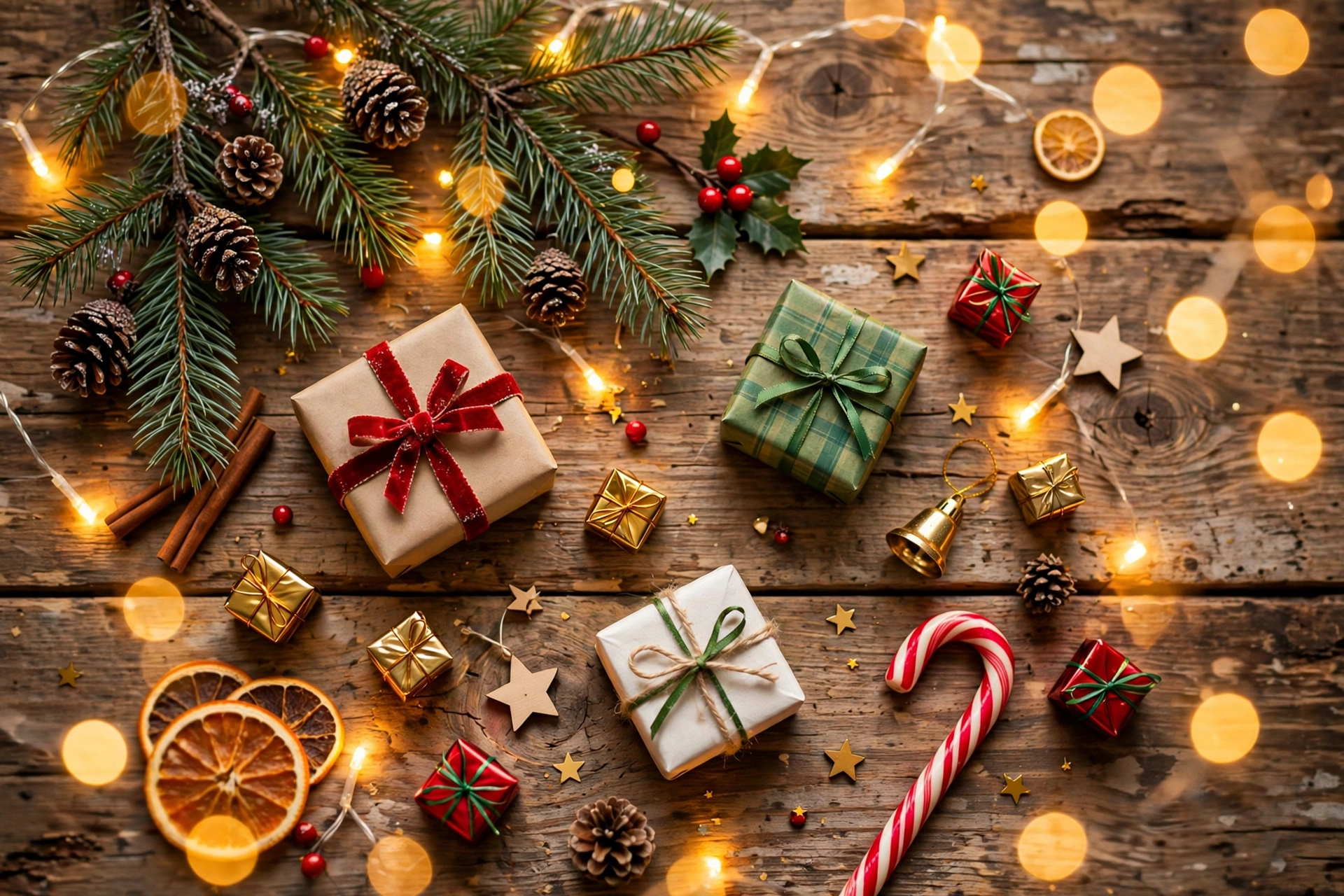 Wrapped Christmas gifts under $10 on a festive wooden table