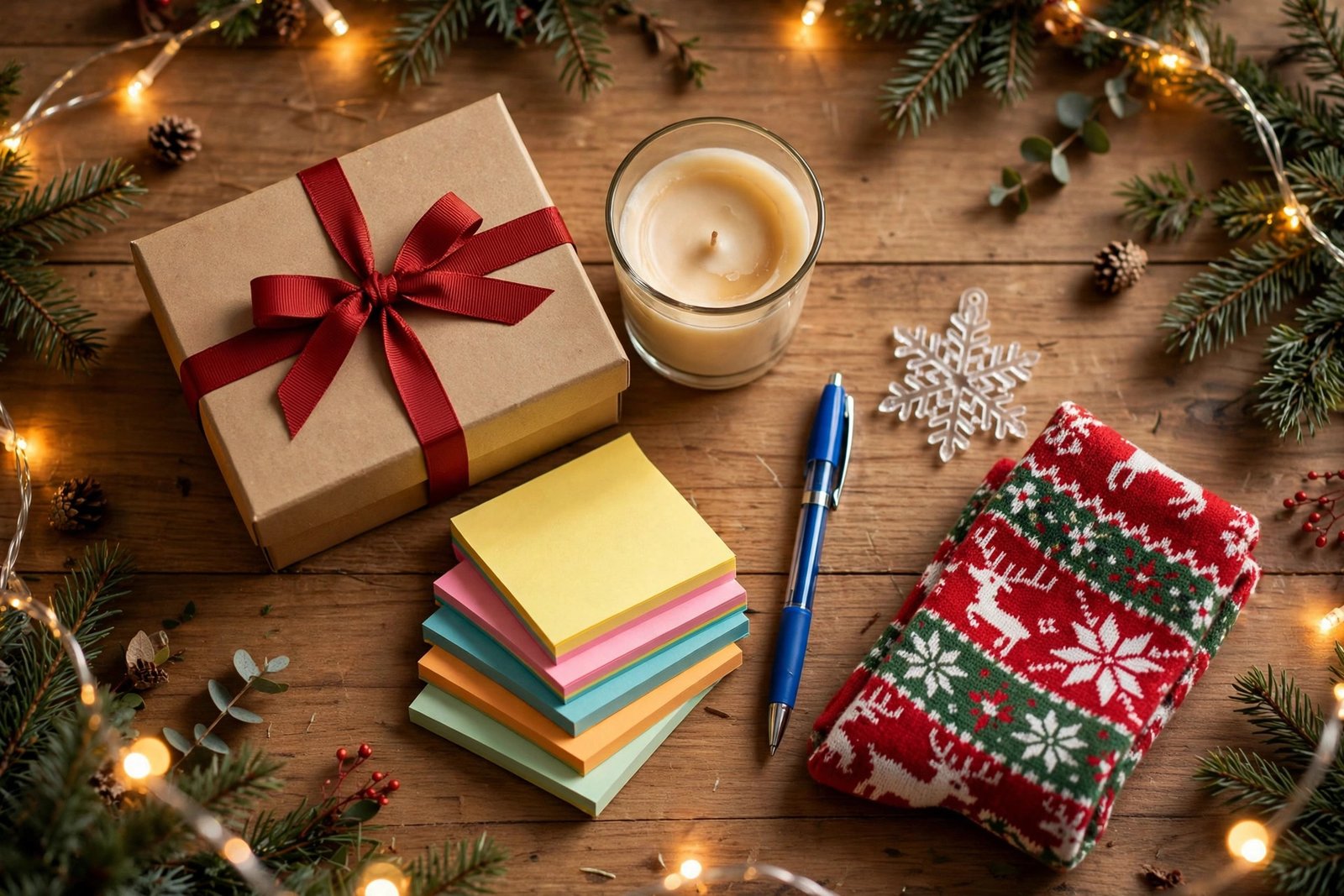 Flat-lay of Christmas coworker gifts: gift box with red ribbon, candle, sticky notes, pen, snowflake ornament, and holiday socks