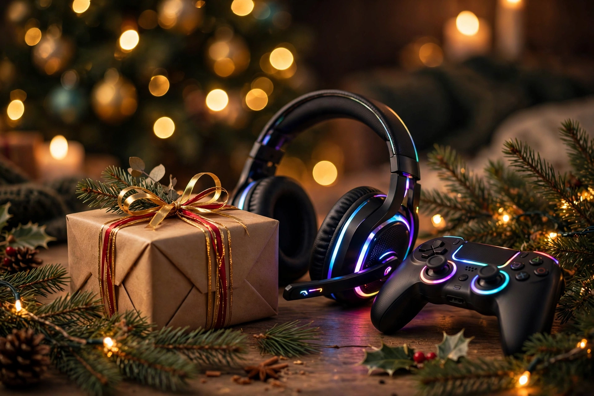 Wrapped Christmas gift box with a gaming headset and controller under holiday lights