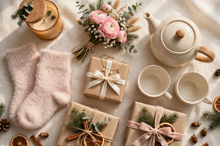 Cozy Christmas flat-lay with candle, fuzzy socks, flowers, necklace, teapot and wrapped gifts