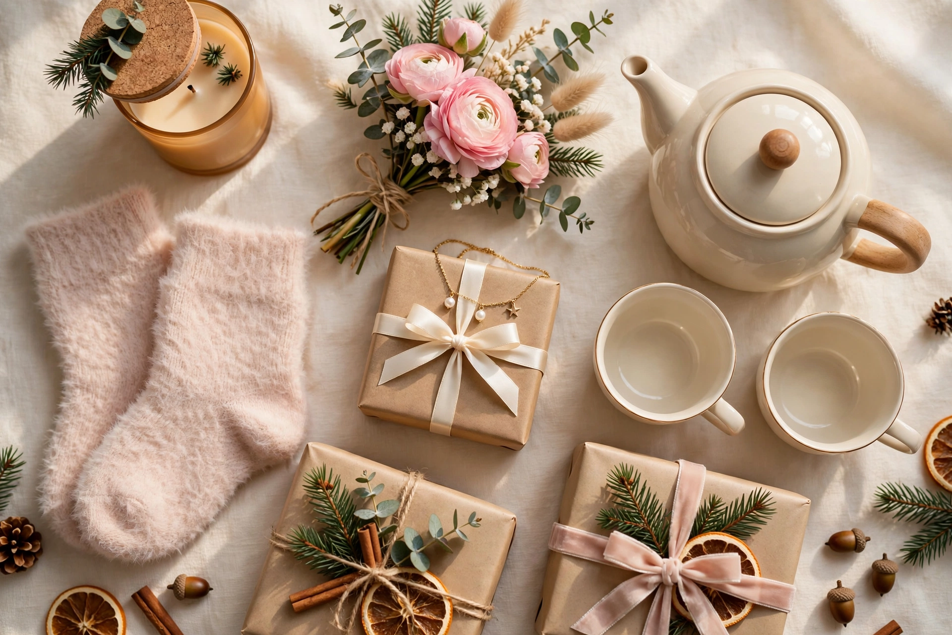 Cozy Christmas flat-lay with candle, fuzzy socks, flowers, necklace, teapot and wrapped gifts