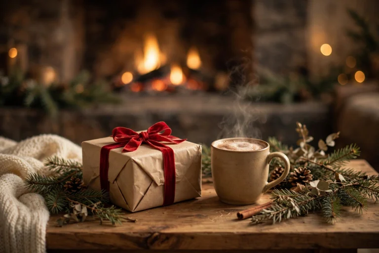 Wrapped Christmas gift for dad with a red ribbon on a wooden table
