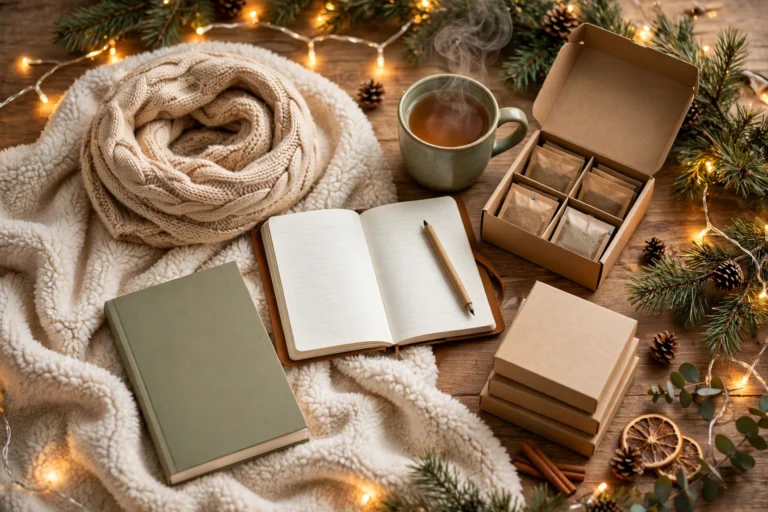 Cozy Christmas gifts for grandparents: throw blanket, tea, memory journal, crossword book and puzzles