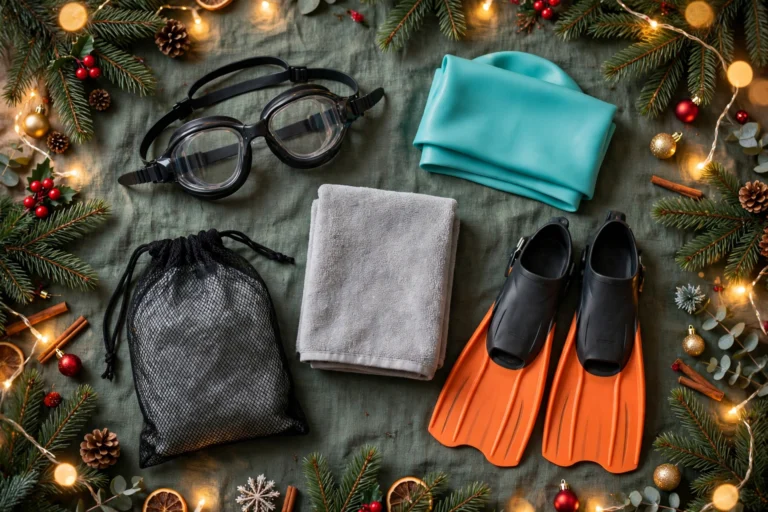 Christmas gifts for swimmers flat lay with goggles, swim cap, towel and fins