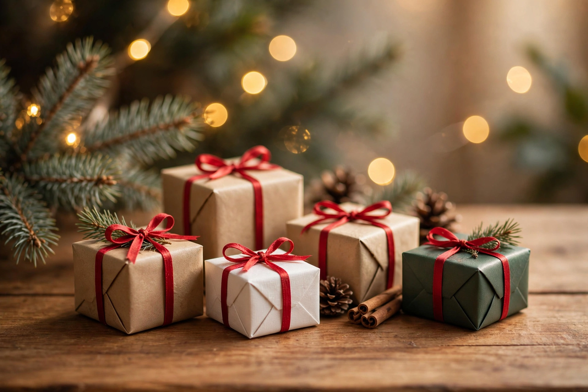 Wrapped Christmas gift boxes with red ribbons under $20 gift guide