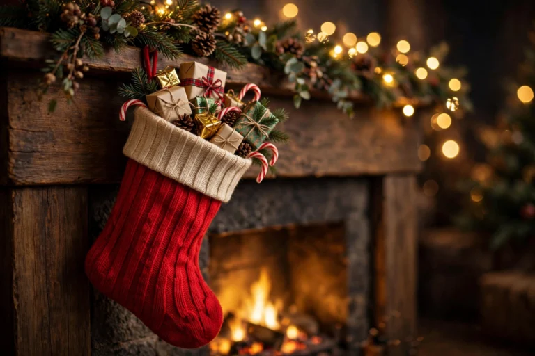 Christmas stocking overflowing with small gifts hanging from a fireplace mantel