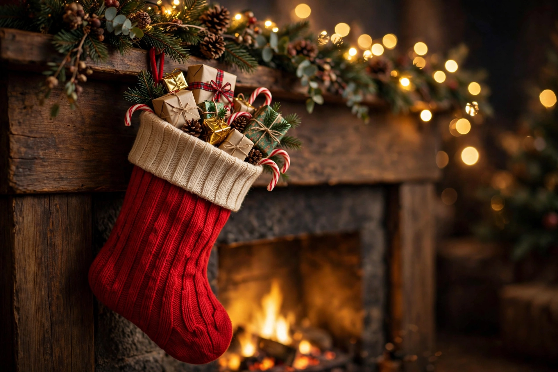 Christmas stocking overflowing with small gifts hanging from a fireplace mantel