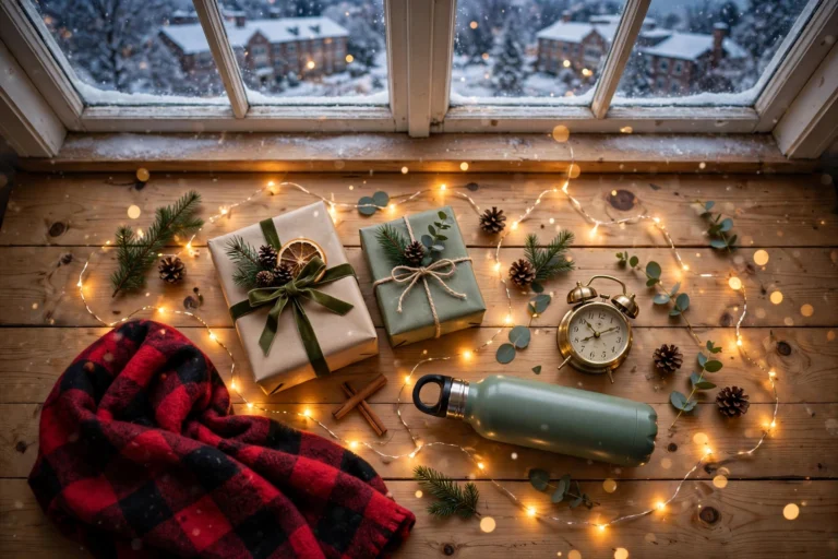 Cozy Christmas gift flat-lay with wrapped presents, blanket, water bottle and fairy lights by a snowy window