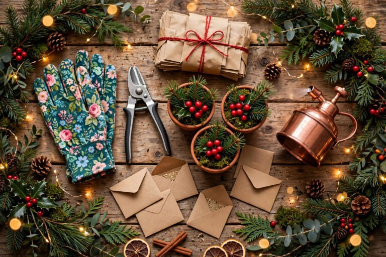 Christmas flat-lay of gardening gifts: gloves, pruners, terracotta pots, seed packets and copper mister