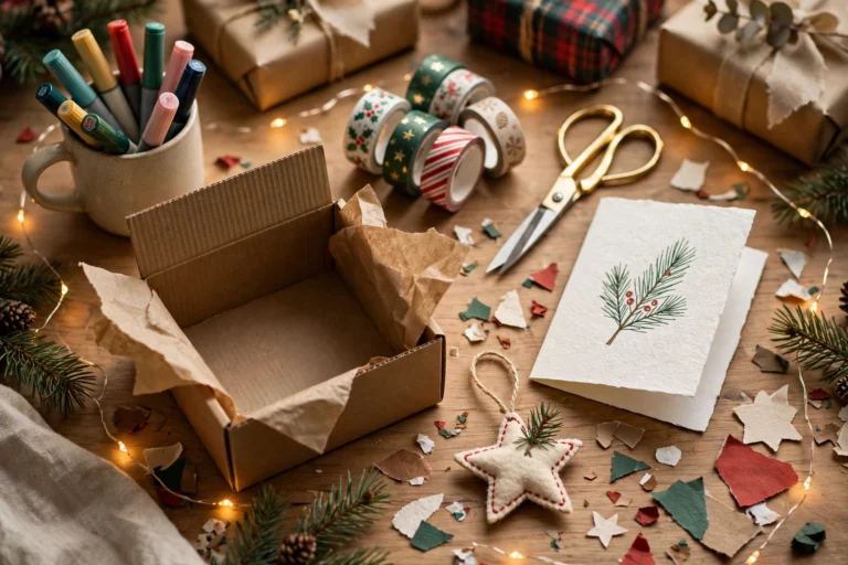 Christmas crafting flat-lay with markers, washi tape, scissors and gift boxes