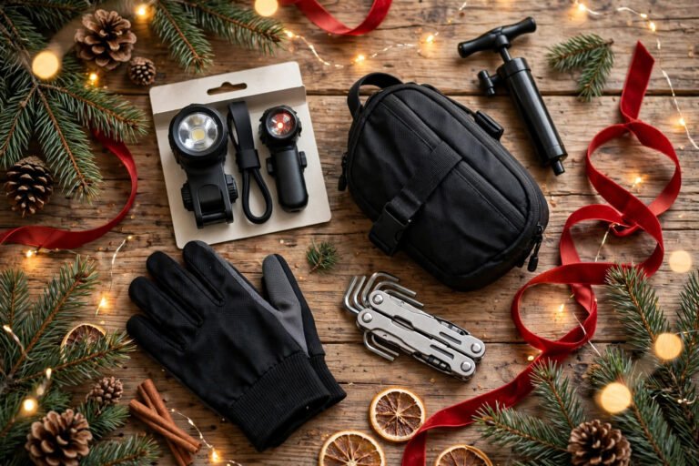 Christmas cycling gifts flat lay with bike light, saddle bag, gloves, and mini pump