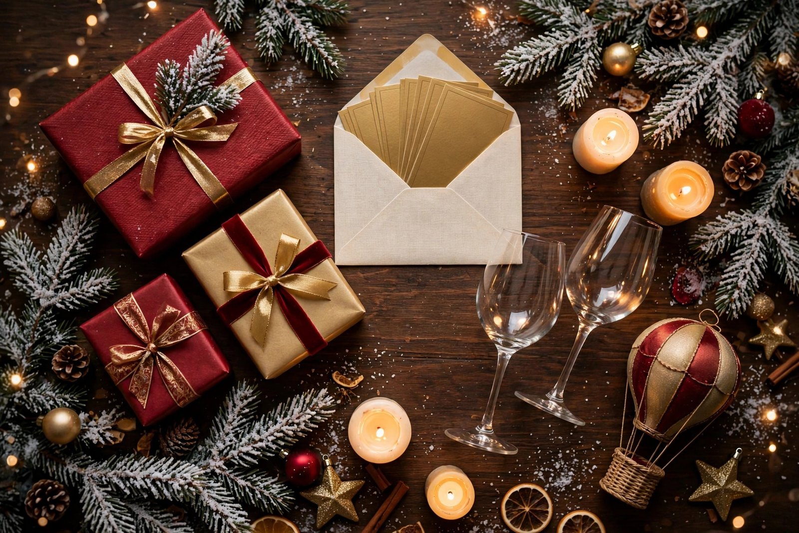 Christmas flat-lay of experience gift boxes, vouchers, wine glasses and candles