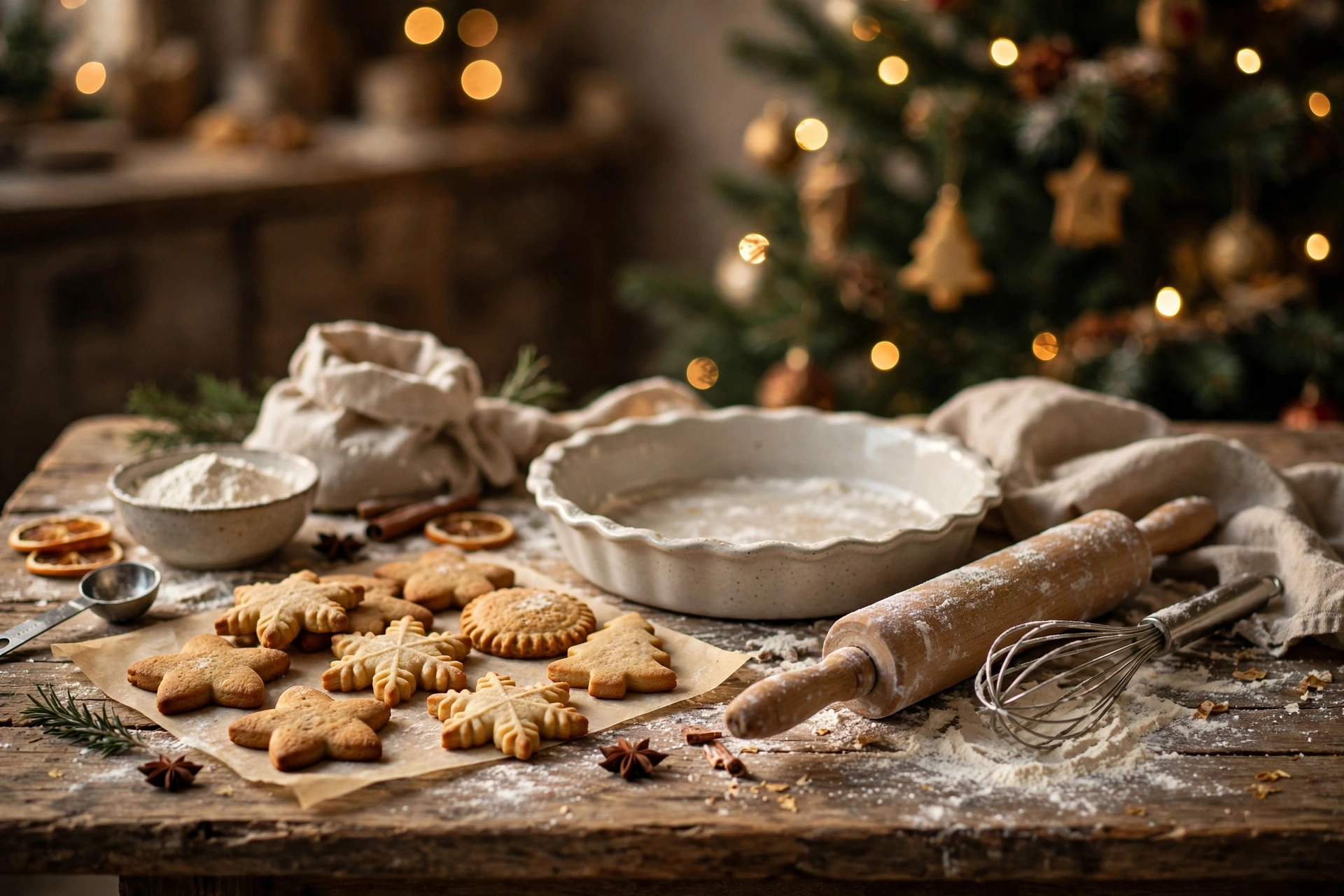 Christmas baking scene with cookies, rolling pin, pie dish and whisk