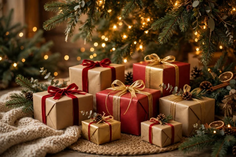 Wrapped Christmas gifts under a lit tree
