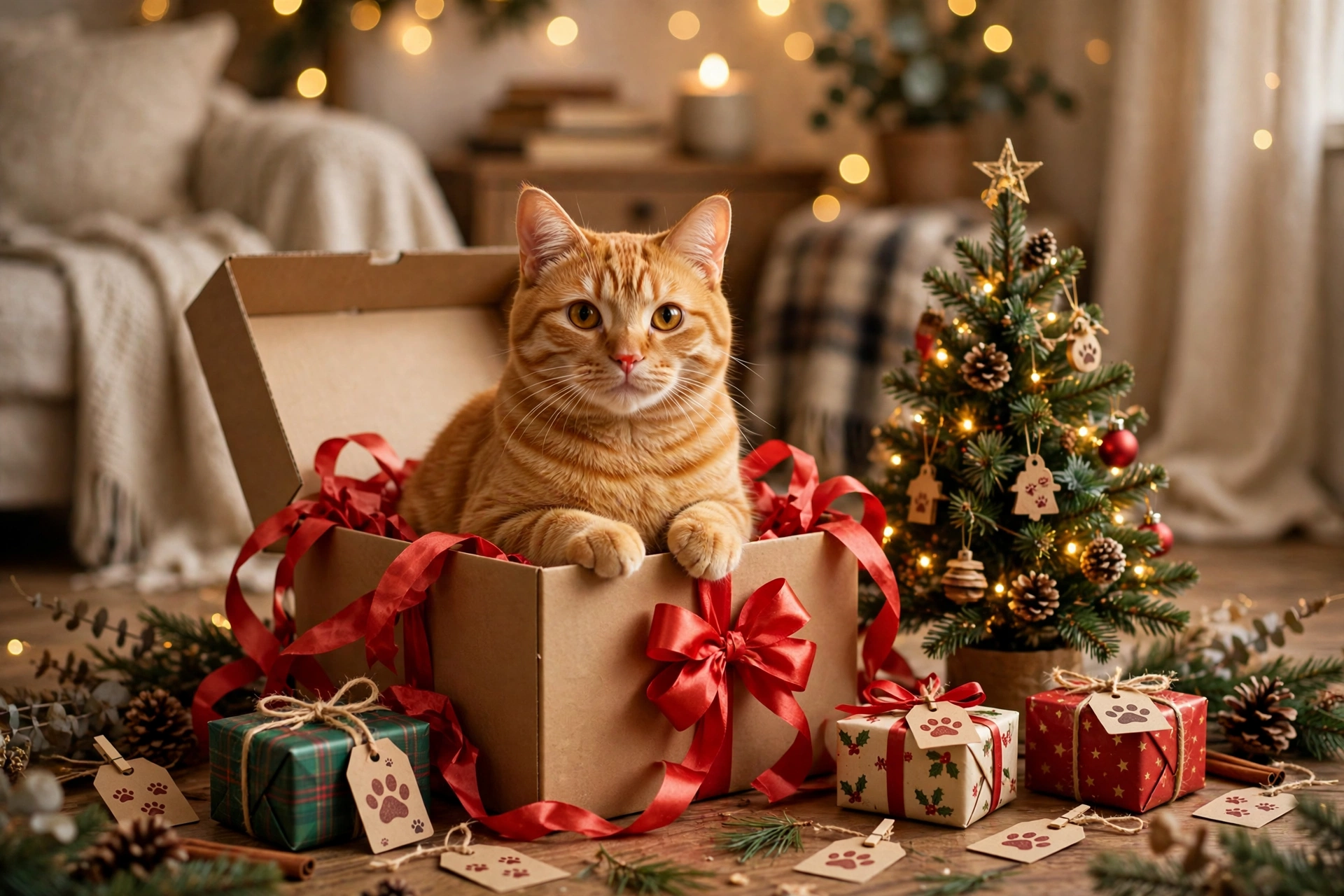 Cat sitting in a Christmas gift box beside a small decorated tree