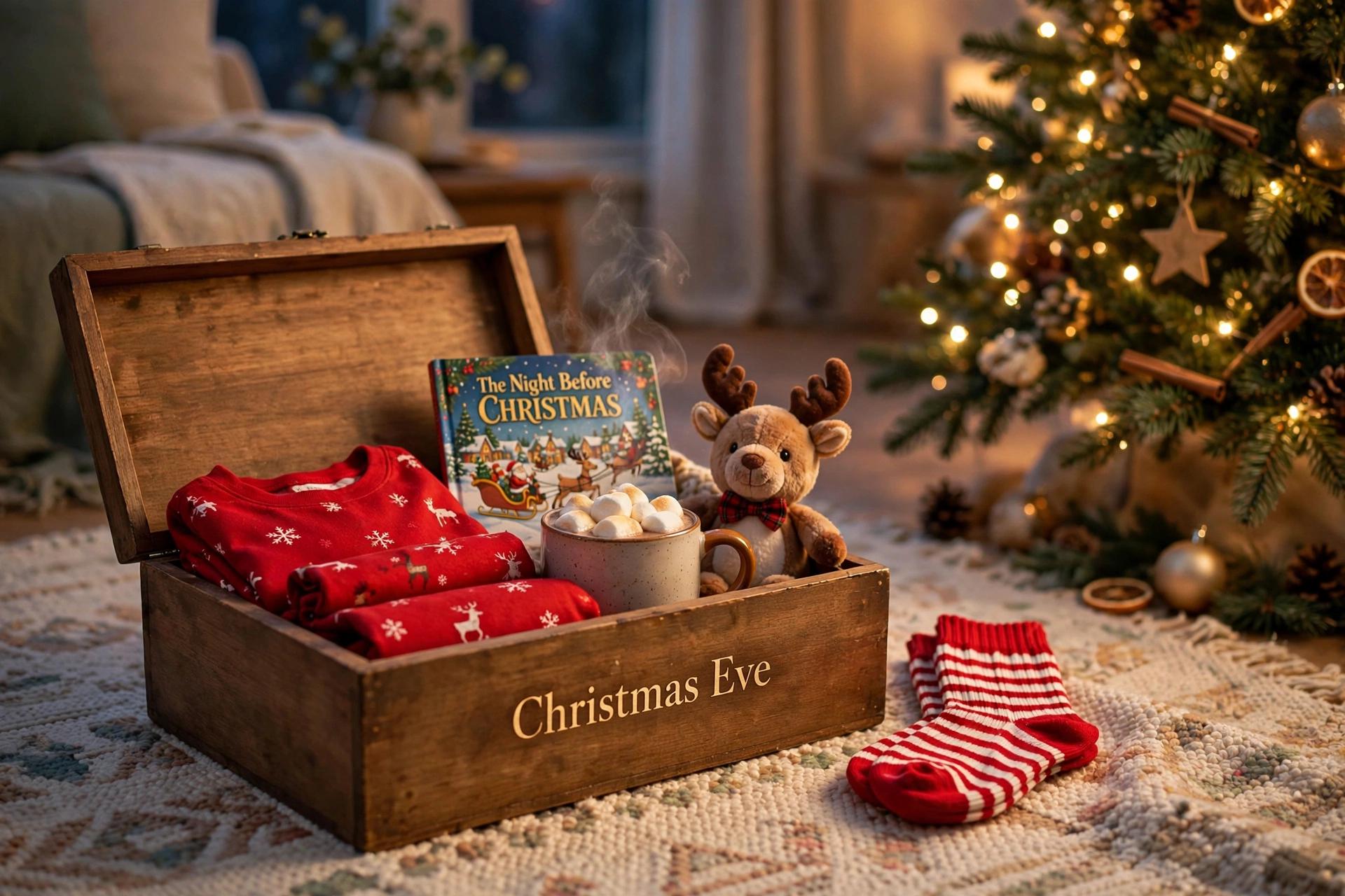 Christmas Eve box for kids filled with pajamas, hot chocolate, a book and a plush reindeer