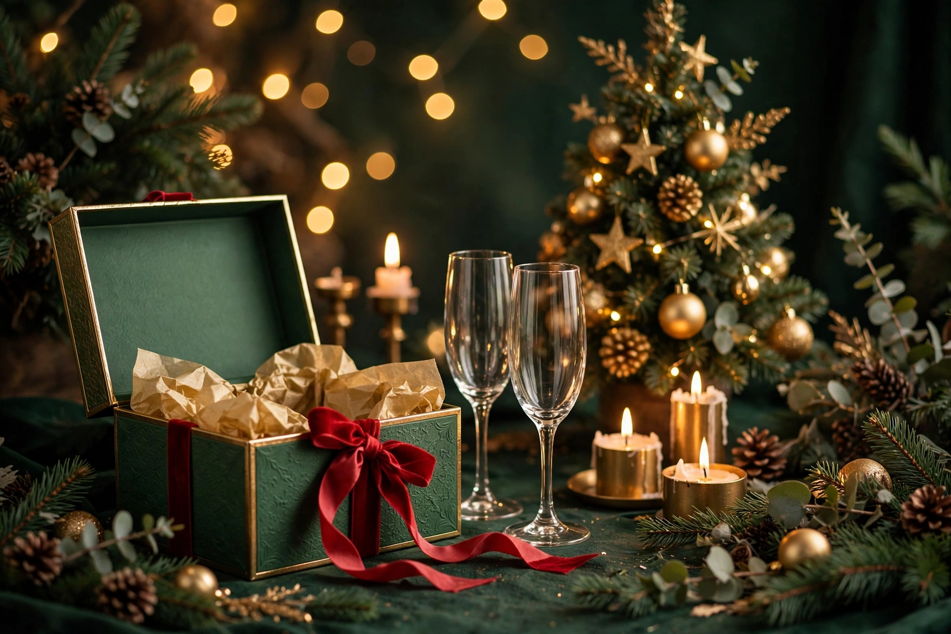 Elegant open gift box with red ribbon, two champagne glasses, candles and a small Christmas tree with fairy lights