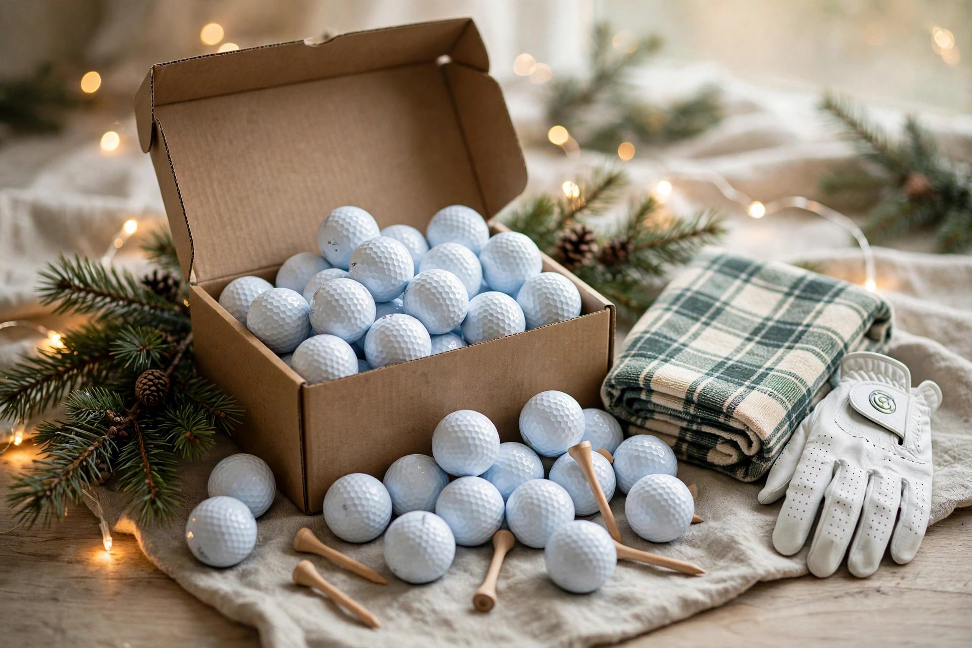 Christmas gift box with golf balls, tees, towel and golf glove