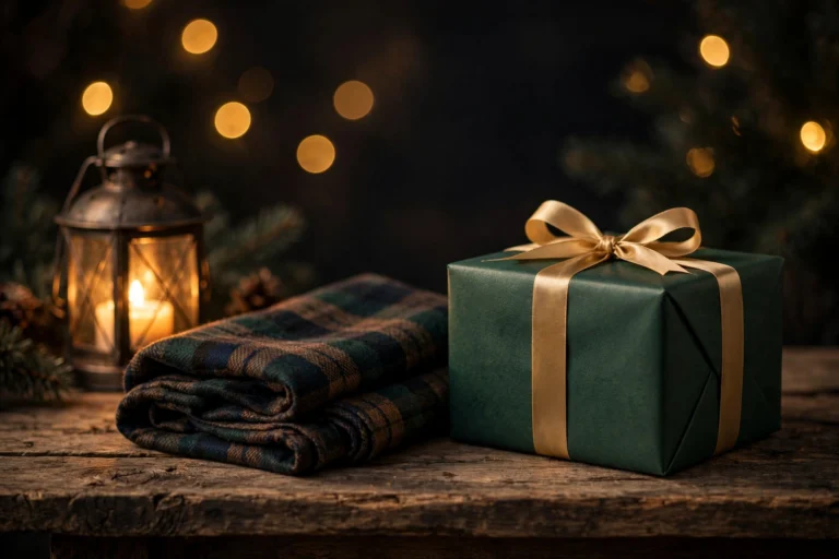 Wrapped Christmas gift box with plaid scarf and lantern on a wooden table