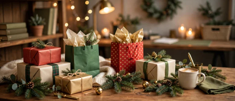 Christmas gift bags and wrapped presents on a festive desk