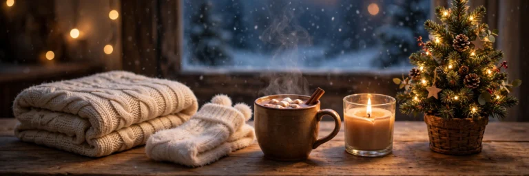 Cozy Christmas gift scene with knit blanket, hot cocoa, fuzzy socks, candle and a lit mini Christmas tree