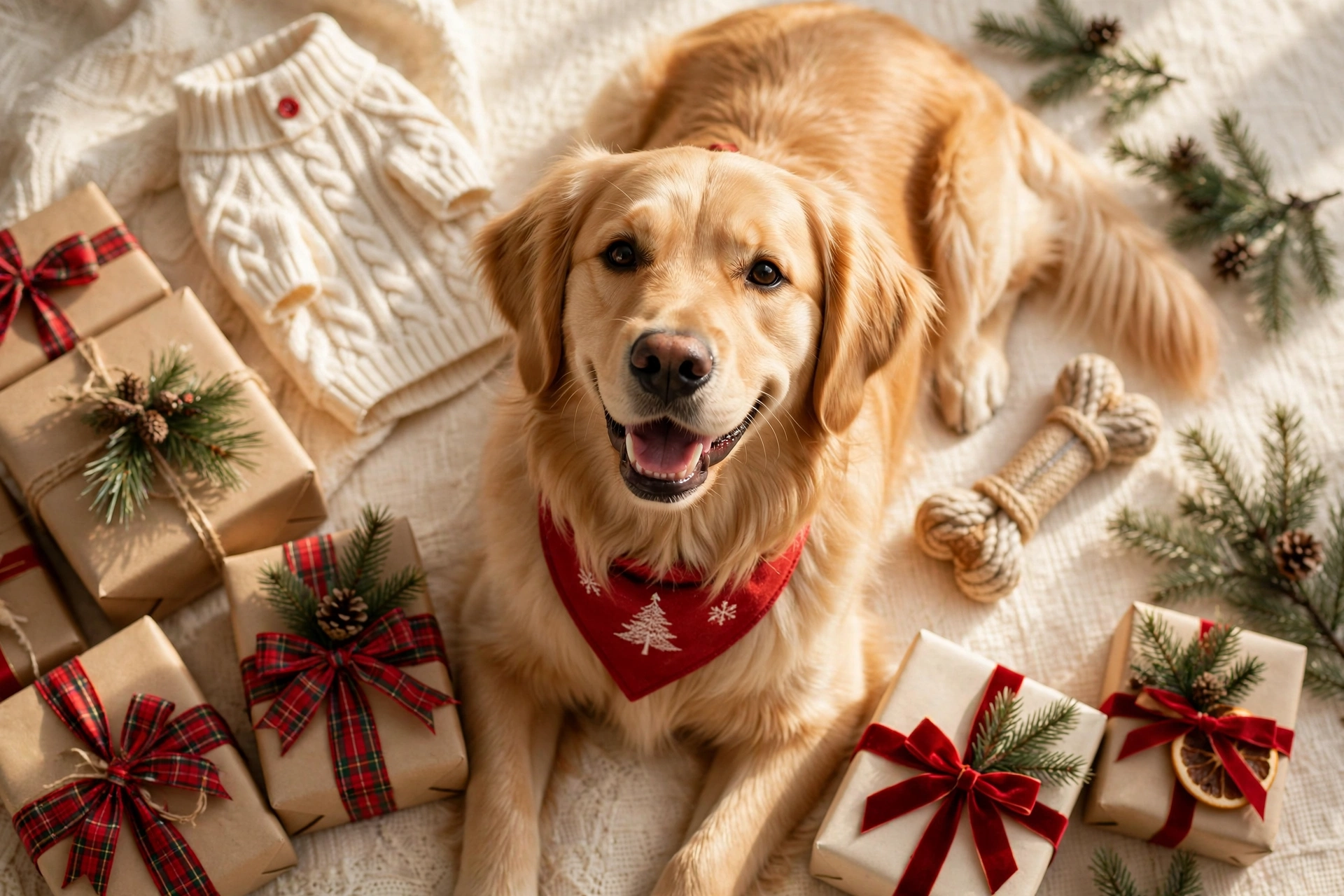 Golden retriever with Christmas gifts and a holiday bandana