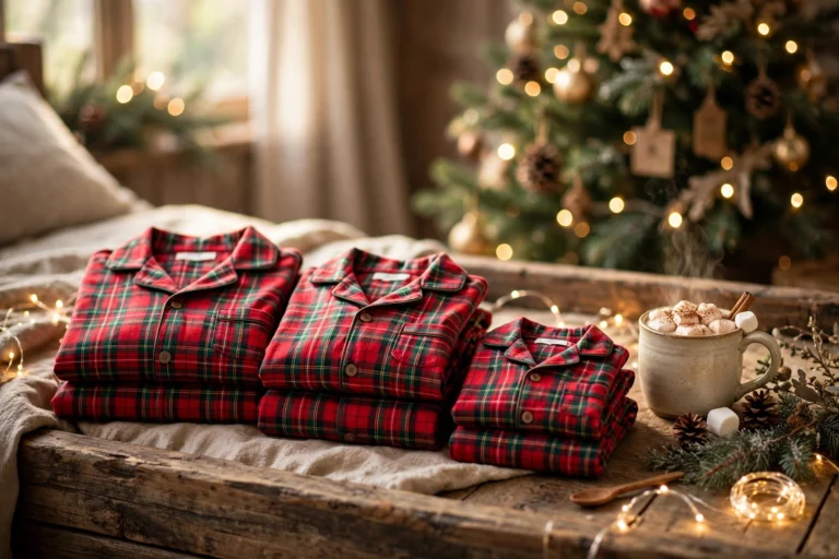 Matching family Christmas pajamas in red and green plaid by a Christmas tree