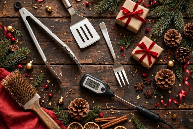 Christmas flat lay of barbecue grill tools with wrapped gifts