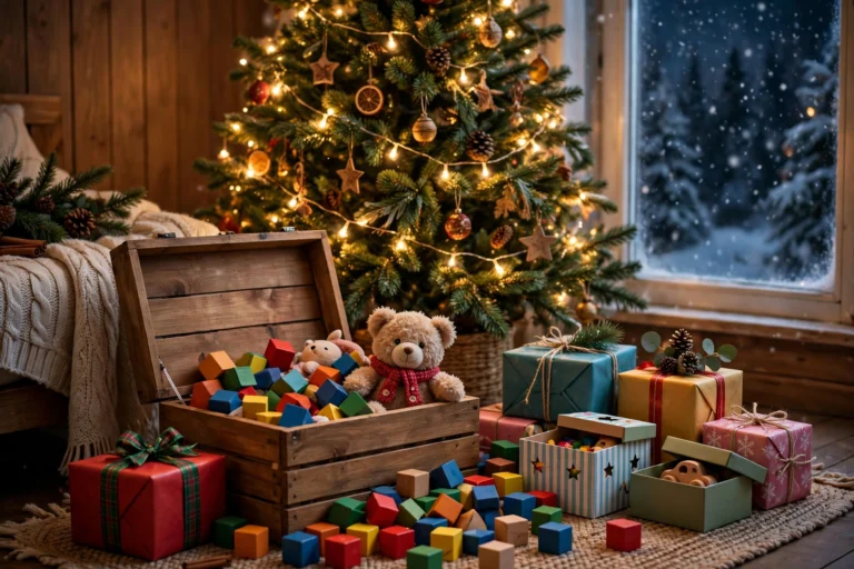 Wrapped Christmas gifts and toys for kids under a decorated Christmas tree