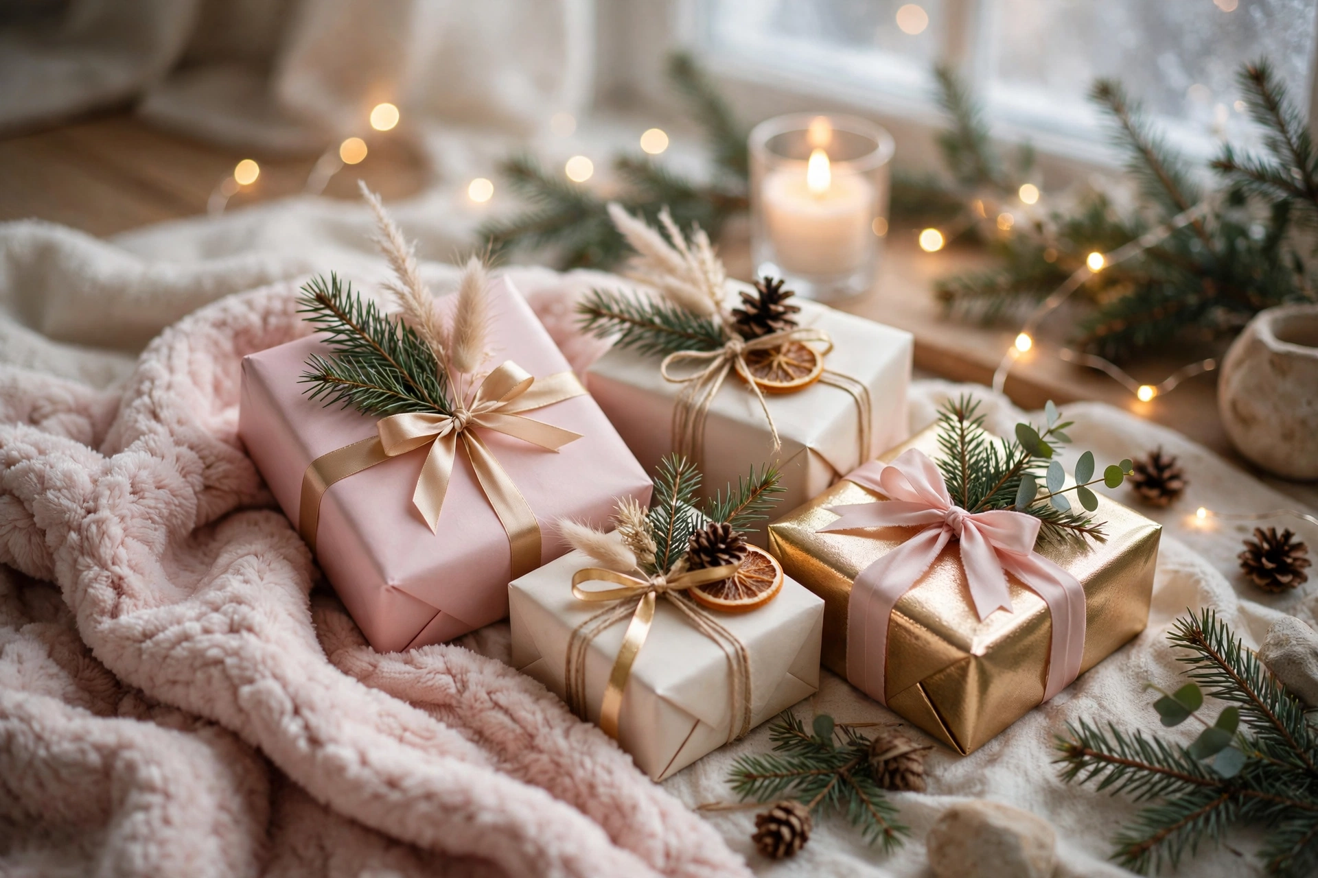 Wrapped Christmas gifts for mom in pink, cream and gold with a glowing candle